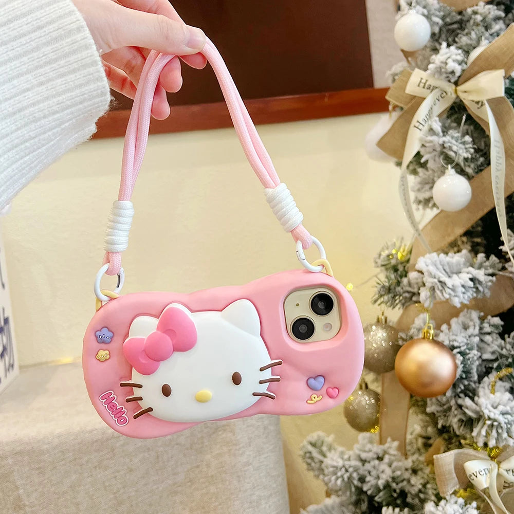 Kawaii Cartoon Hello Kitty Case Soft Silicone Cover With Stand Holder & Handstrap Phone Case