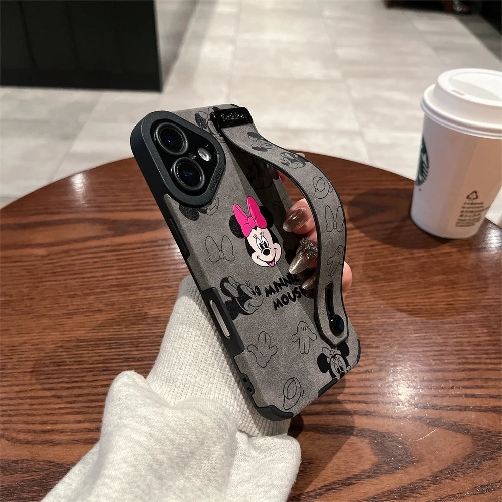 Cute Disney Mickey Minnie Mouse Wrist Strap Holder Leather Phone Case