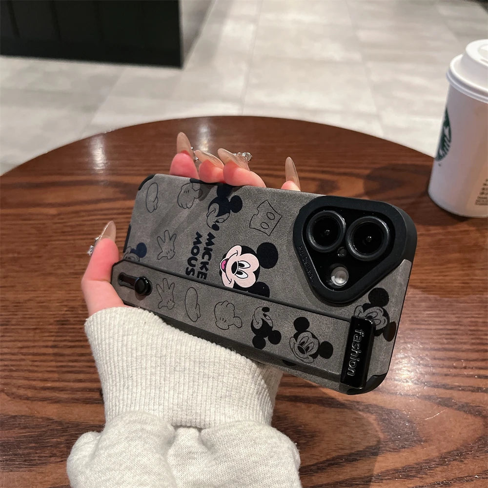 Cute Disney Mickey Minnie Mouse Wrist Strap Holder Leather Phone Case