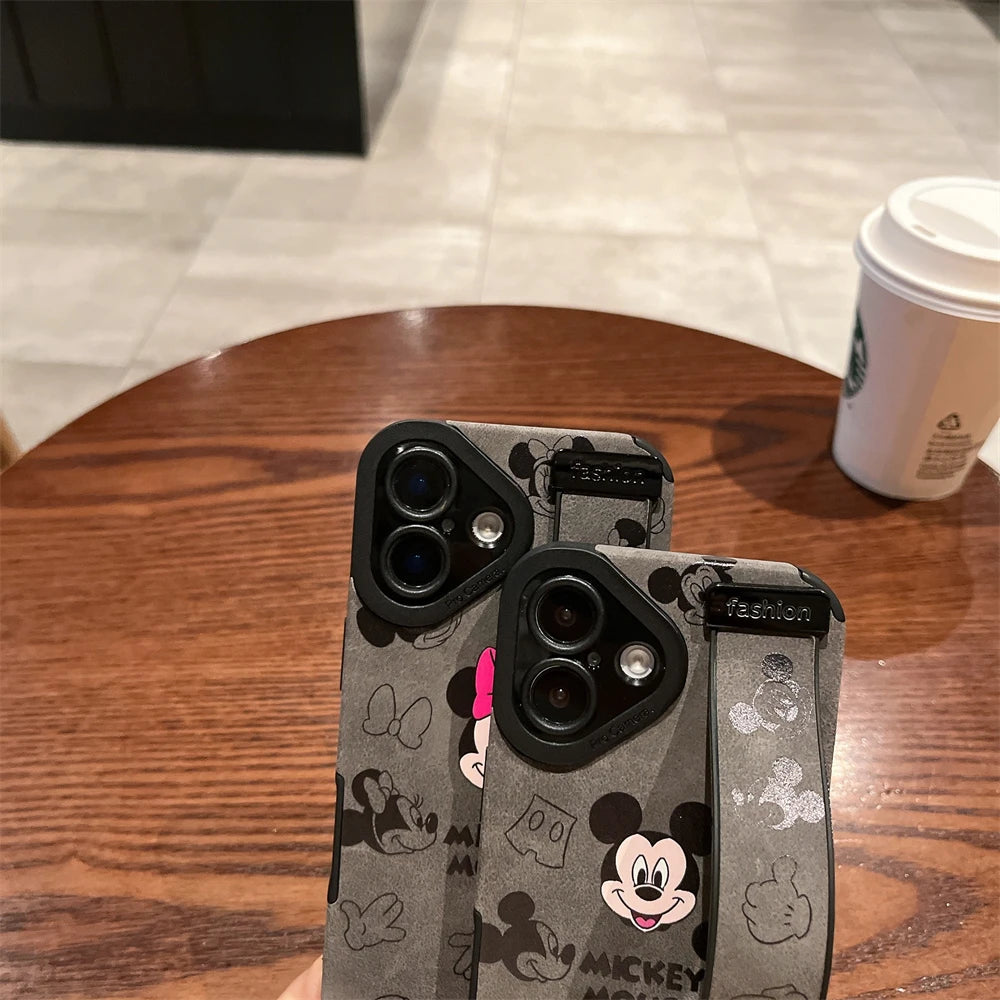 Cute Disney Mickey Minnie Mouse Wrist Strap Holder Leather Phone Case