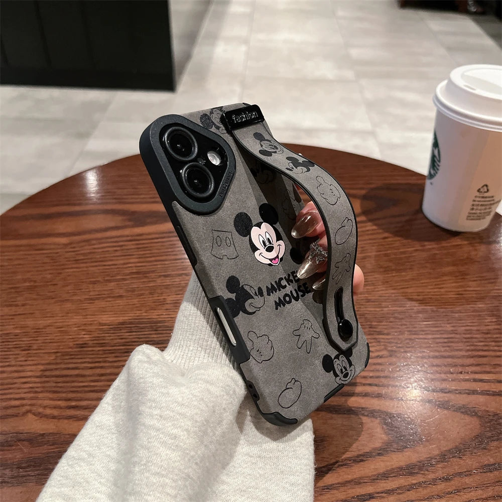 Cute Disney Mickey Minnie Mouse Wrist Strap Holder Leather Phone Case