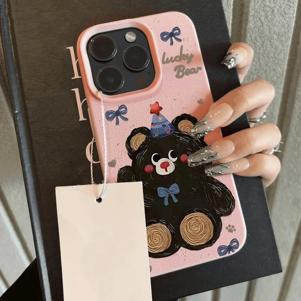 Cute Bear Candy Color Bumper Leather Soft Cover Phone Case
