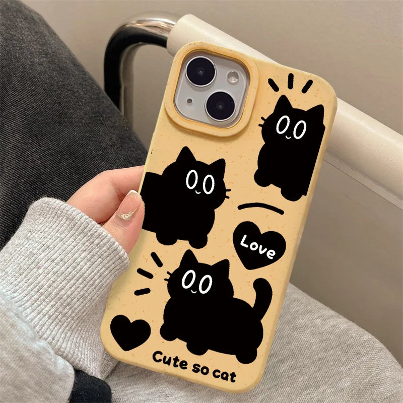 Cartoon Black Cat Wheat Straw Soft Silicone Cover Phone Case