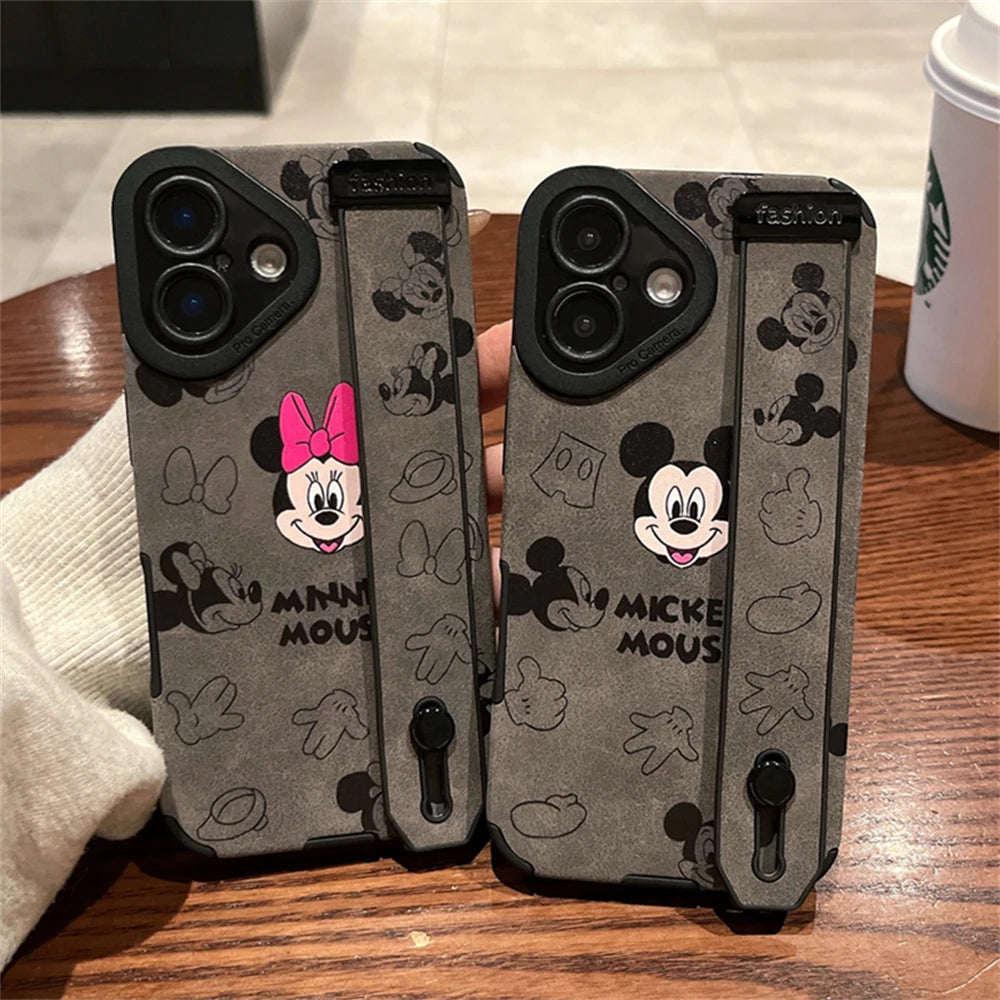 Cute Disney Mickey Minnie Mouse Wrist Strap Holder Leather Phone Case