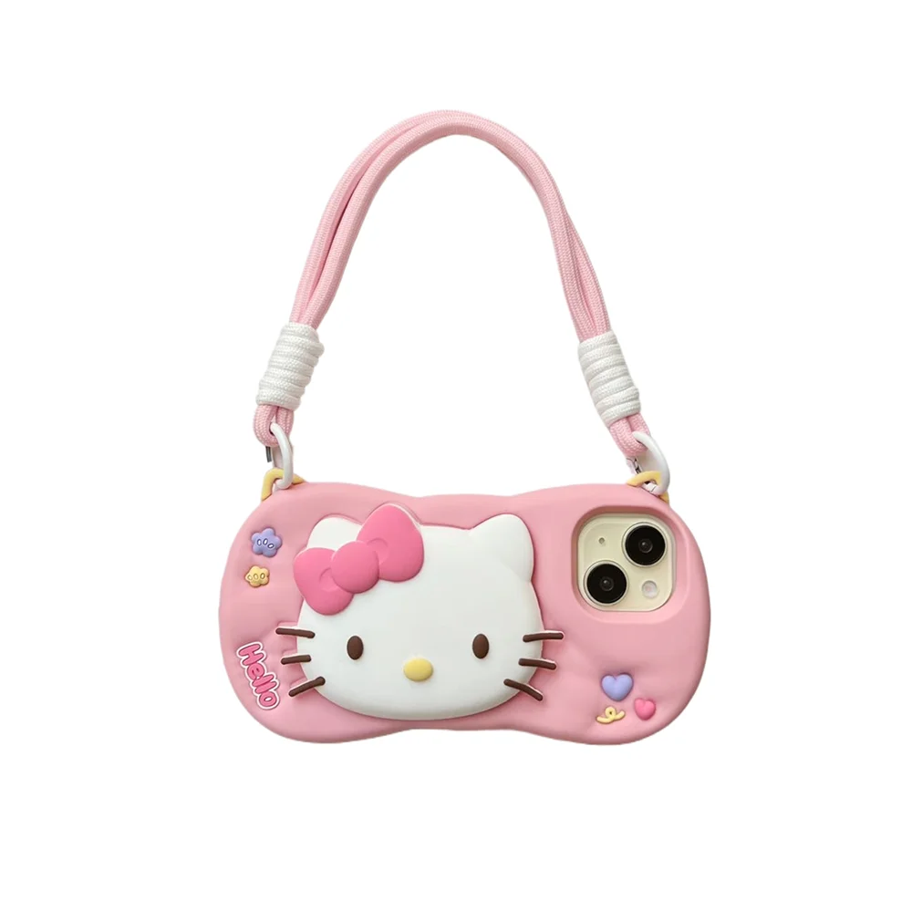Kawaii Cartoon Hello Kitty Case Soft Silicone Cover With Stand Holder & Handstrap Phone Case