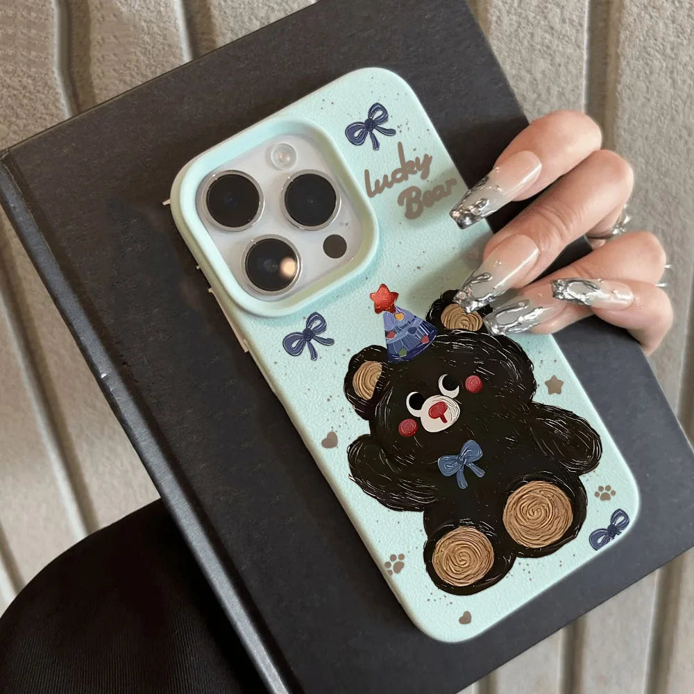 Cute Bear Candy Color Bumper Leather Soft Cover Phone Case