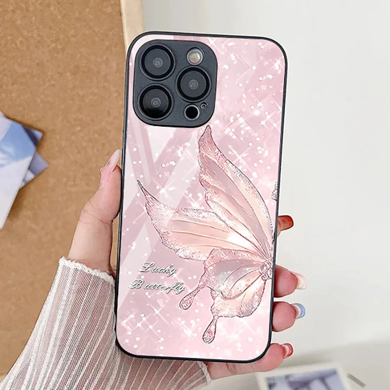 Silver Butterfly Tempered Glass Shockproof Cover Phone Case