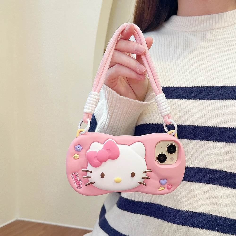 Kawaii Cartoon Hello Kitty Case Soft Silicone Cover With Stand Holder & Handstrap Phone Case