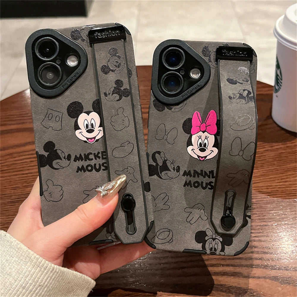 Cute Disney Mickey Minnie Mouse Wrist Strap Holder Leather Phone Case