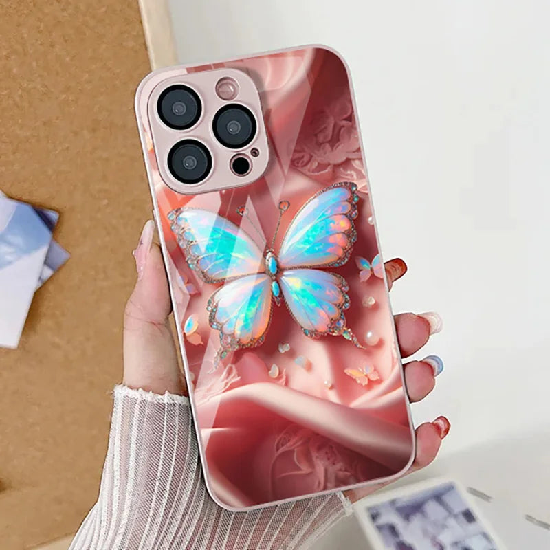 Silver Butterfly Tempered Glass Shockproof Cover Phone Case