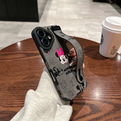 Cute Disney Mickey Minnie Mouse Wrist Strap Holder Leather Phone Case