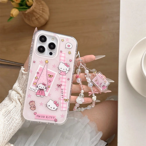 New 2025 Cartoon Cute Girlish Pink Checkered Kitty Long Hat Phone Case