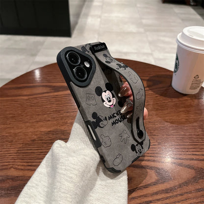 Cute Disney Mickey Minnie Mouse Wrist Strap Holder Leather Phone Case