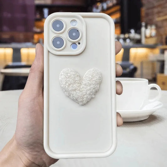 Cute 3D White Plush Love Heart Silicone Phone Case
