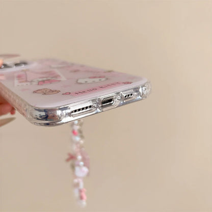 New 2025 Cartoon Cute Girlish Pink Checkered Kitty Long Hat Phone Case