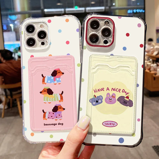 Card Slot Bag Holder Cute Dog Cartoon Puppy Clear Phone Case