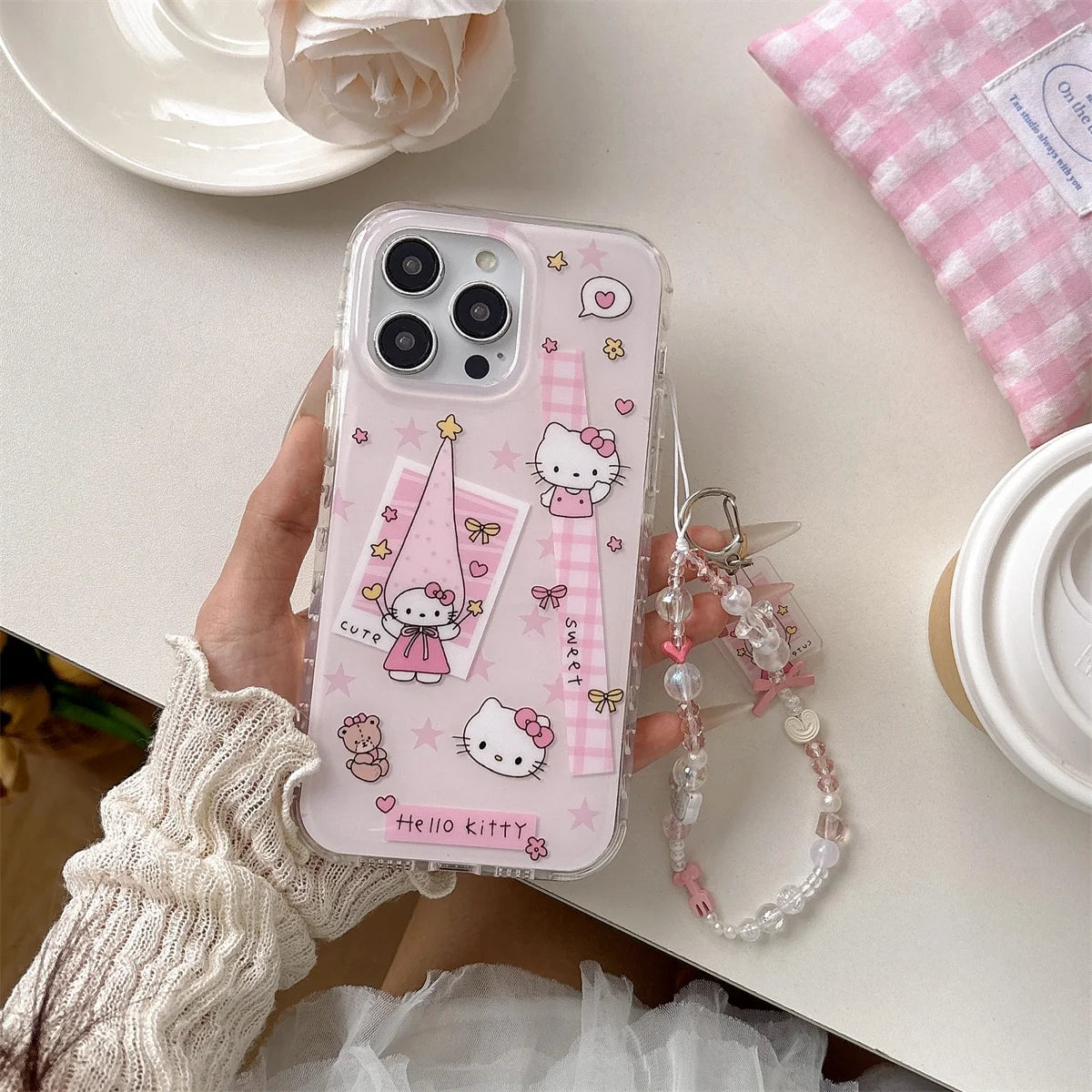 New 2025 Cartoon Cute Girlish Pink Checkered Kitty Long Hat Phone Case