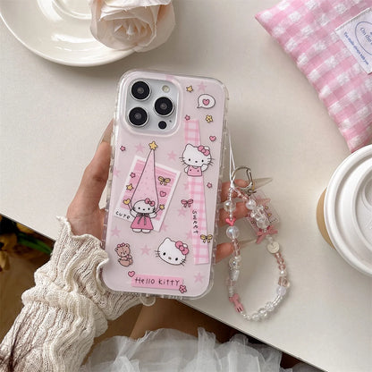New 2025 Cartoon Cute Girlish Pink Checkered Kitty Long Hat Phone Case