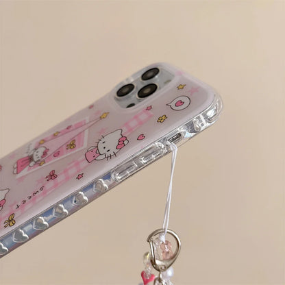 New 2025 Cartoon Cute Girlish Pink Checkered Kitty Long Hat Phone Case