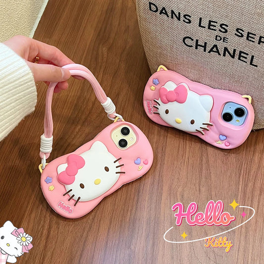 Kawaii Cartoon Hello Kitty Case Soft Silicone Cover With Stand Holder & Handstrap Phone Case
