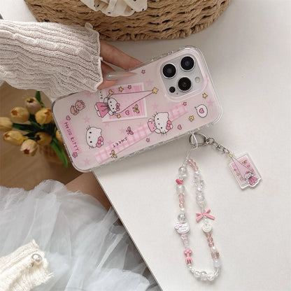 New 2025 Cartoon Cute Girlish Pink Checkered Kitty Long Hat Phone Case