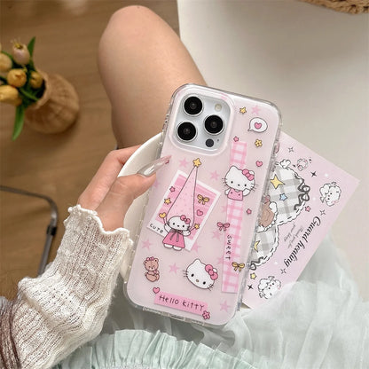 New 2025 Cartoon Cute Girlish Pink Checkered Kitty Long Hat Phone Case
