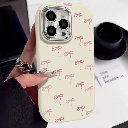 Cute Pink Bow Metal Lens Shockproof Bowknot Silicone Soft Back Cover Phone Case