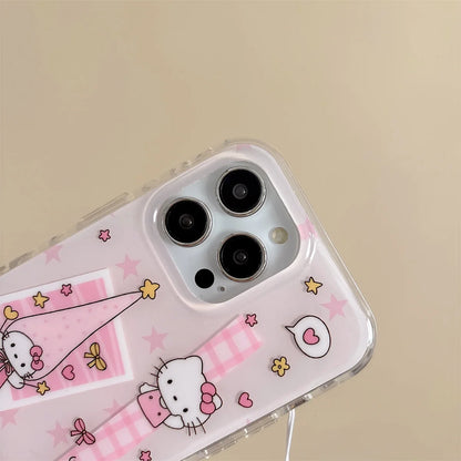 New 2025 Cartoon Cute Girlish Pink Checkered Kitty Long Hat Phone Case